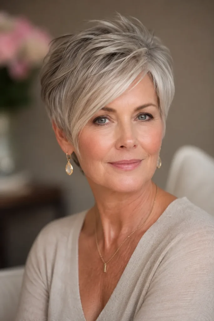 Short Haircuts for Women Over 50 2 1. Soft Feathered Pixie With Side Sweep