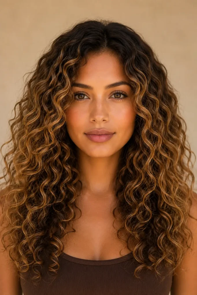 10. Rich Caramel Balayage for Curly Hair