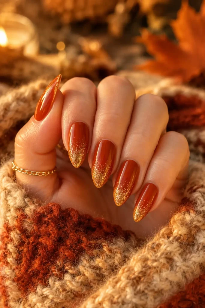 10. Rust Red Almond Nails with Glitter Ombre