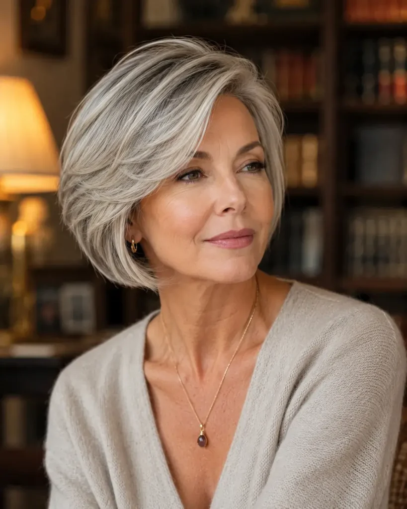 Short Haircuts for Women Over 50 11 10. Side Swept Silver Bob With Dimension