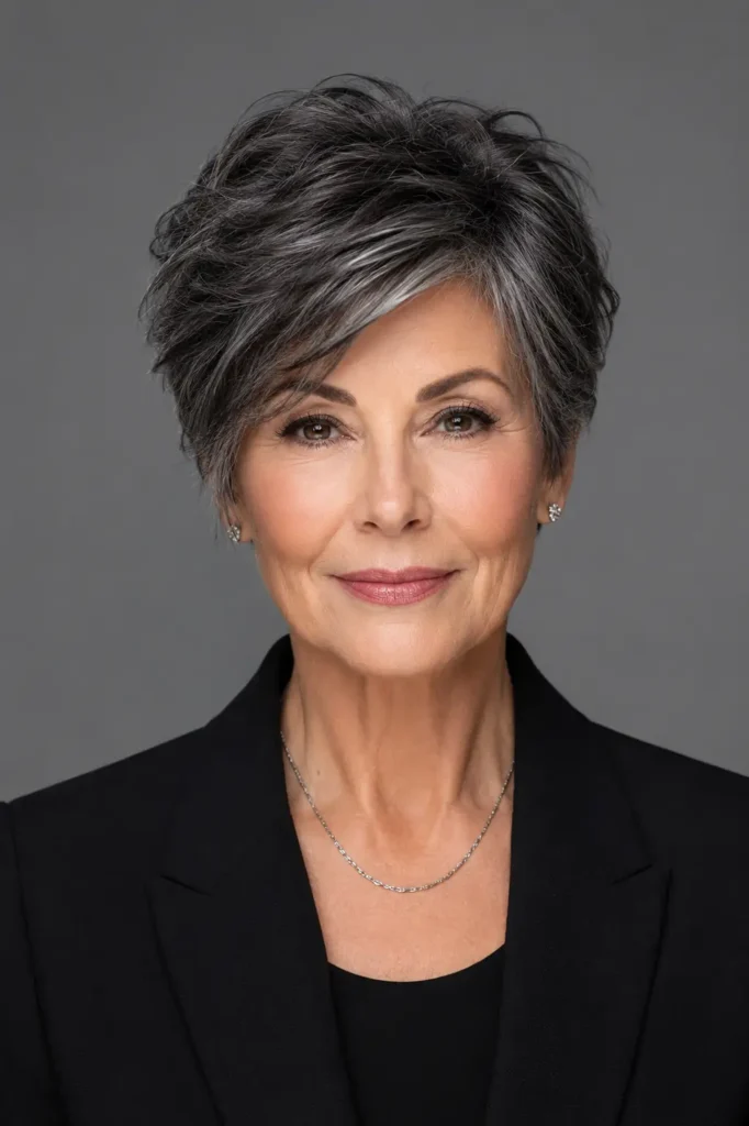 10. Soft Charcoal Grey Pixie With Side Part