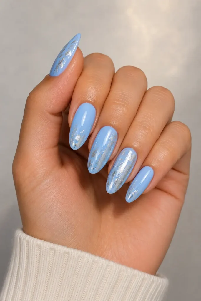 Light Blue Nail Ideas 13 11. Light Blue with Silver Foil Accents