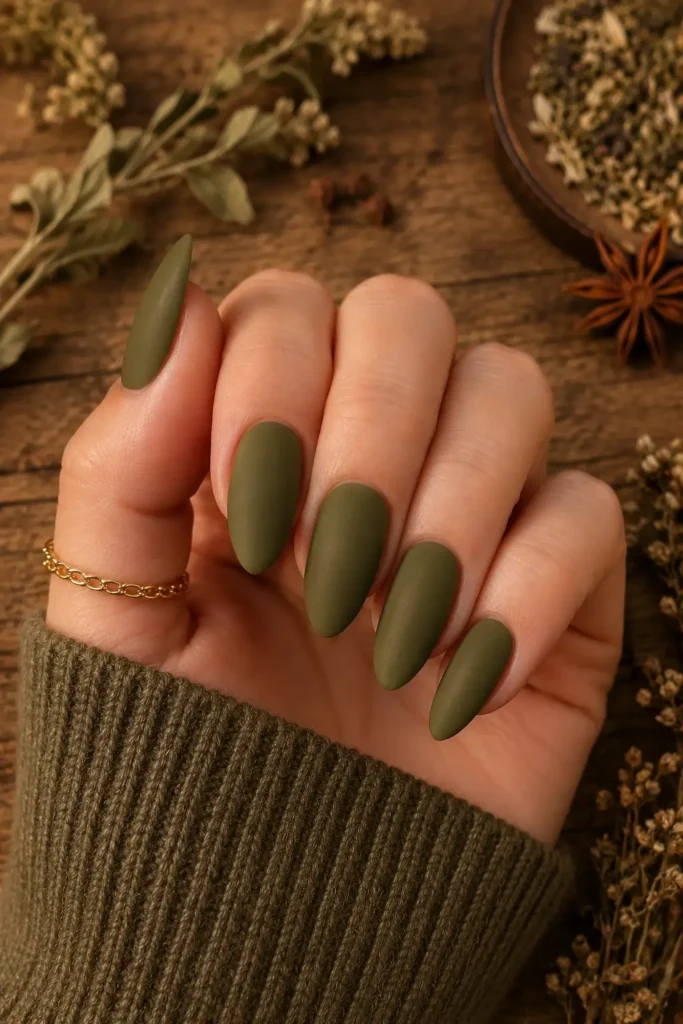 11. Olive Green Almond Nails with Matte Top Coat