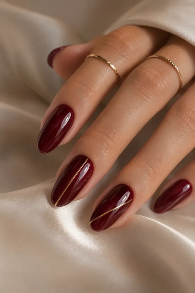 Burgundy Nails 13 12 — Burgundy with Gold Line Minimalist Art