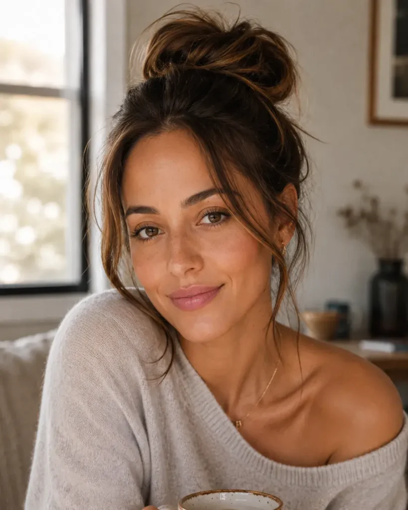 Hairstyles for Big Foreheads 13 12 — Messy Bun with Tendrils
