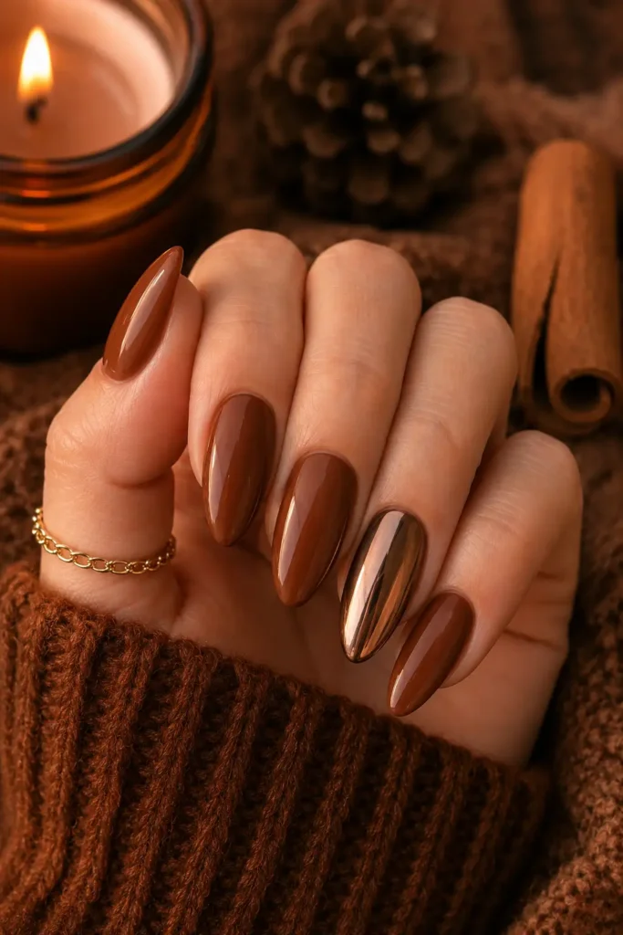 12. Cinnamon Spice Almond Nails with Chrome Accent