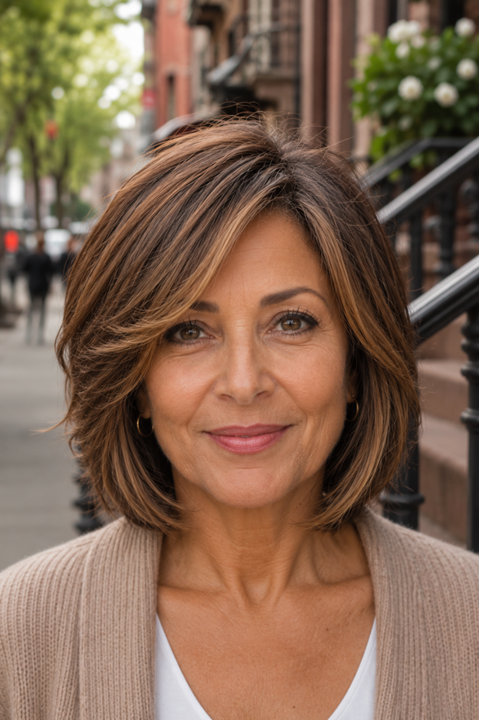12. Face Framing Layered Bob With Honey Highlights