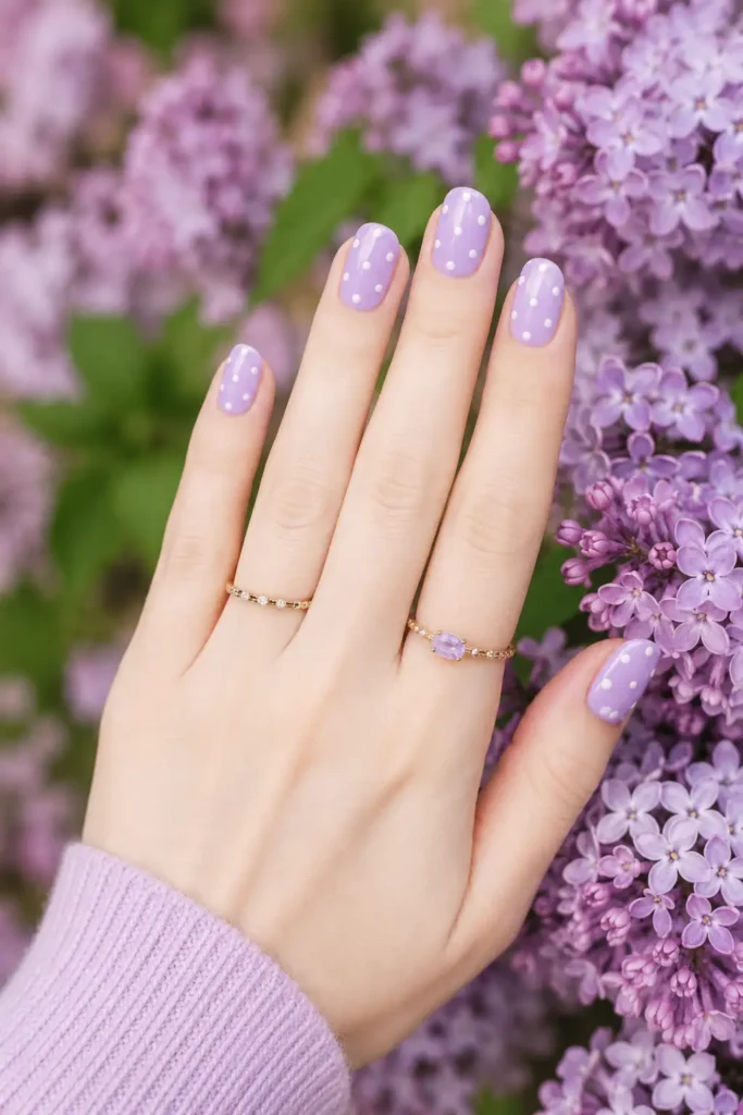 Polka Dot Nails 14 12.Fair Skin Tone Pick Lavender Base with White Dots