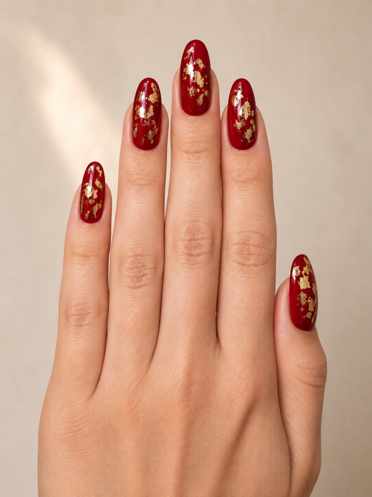 Red Cherry Nail Ideas 15 13. Cherry Nails with Gold Foil Accents