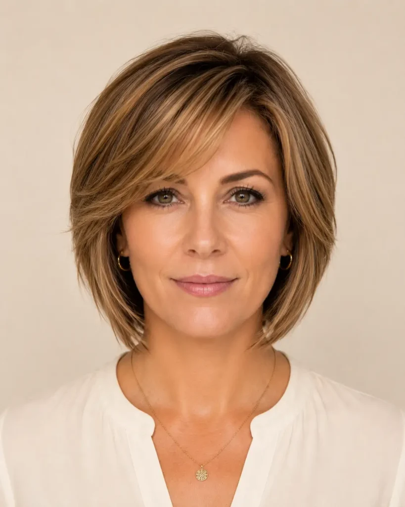 13. Layered Bob With Side Swept Bangs