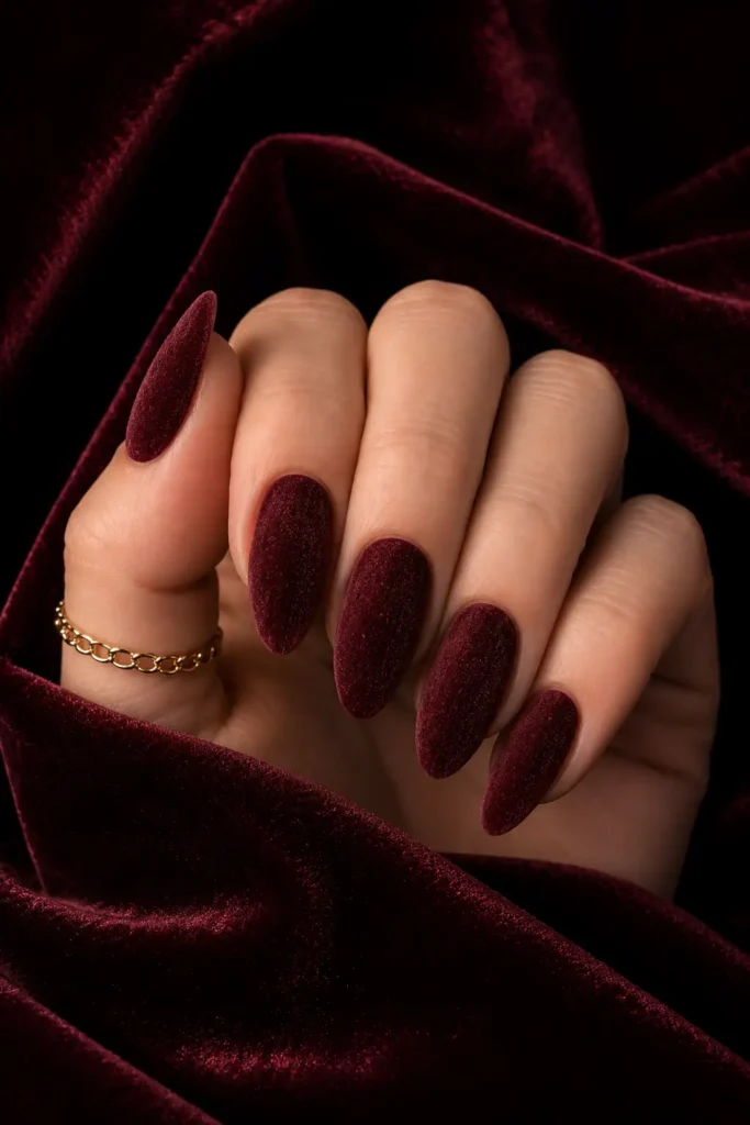 13. Maroon Velvet Almond Nails