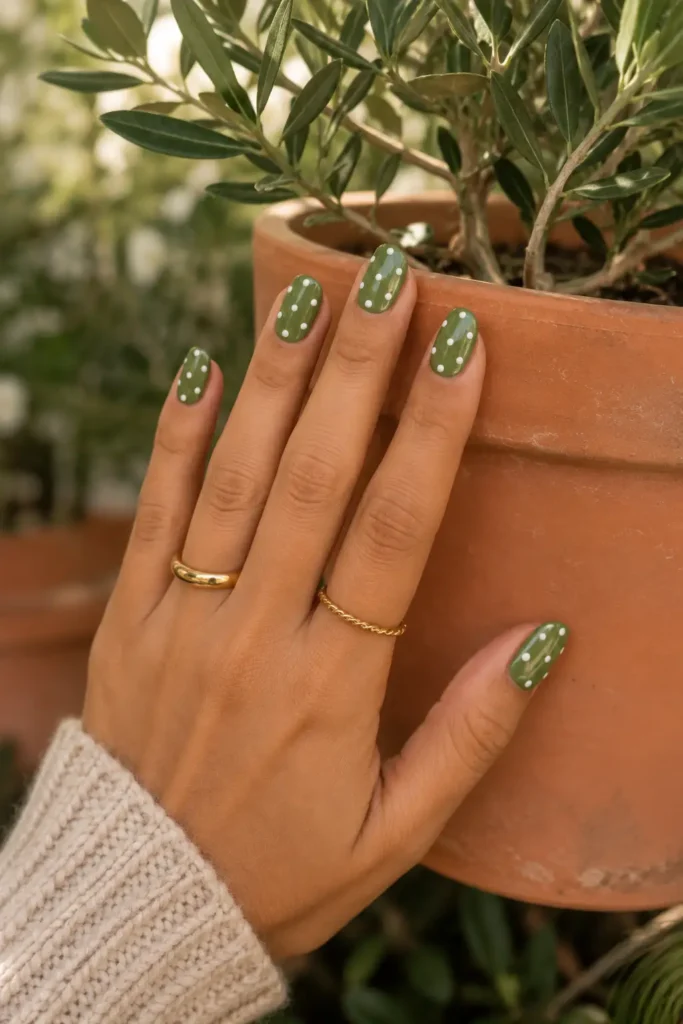 Polka Dot Nails 15 13.Olive Green with Cream Dots