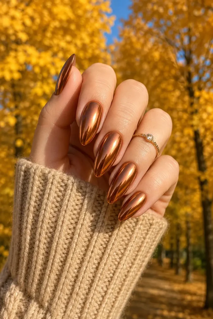 14. Copper Metallic Almond Nails