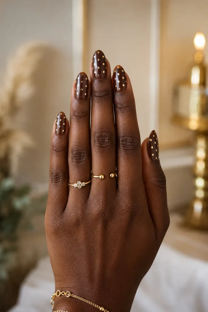 Polka Dot Nails 16 14.Mocha Base with Gold Dots