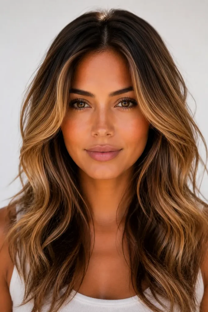 15. Caramel Balayage with Face Framing Highlights