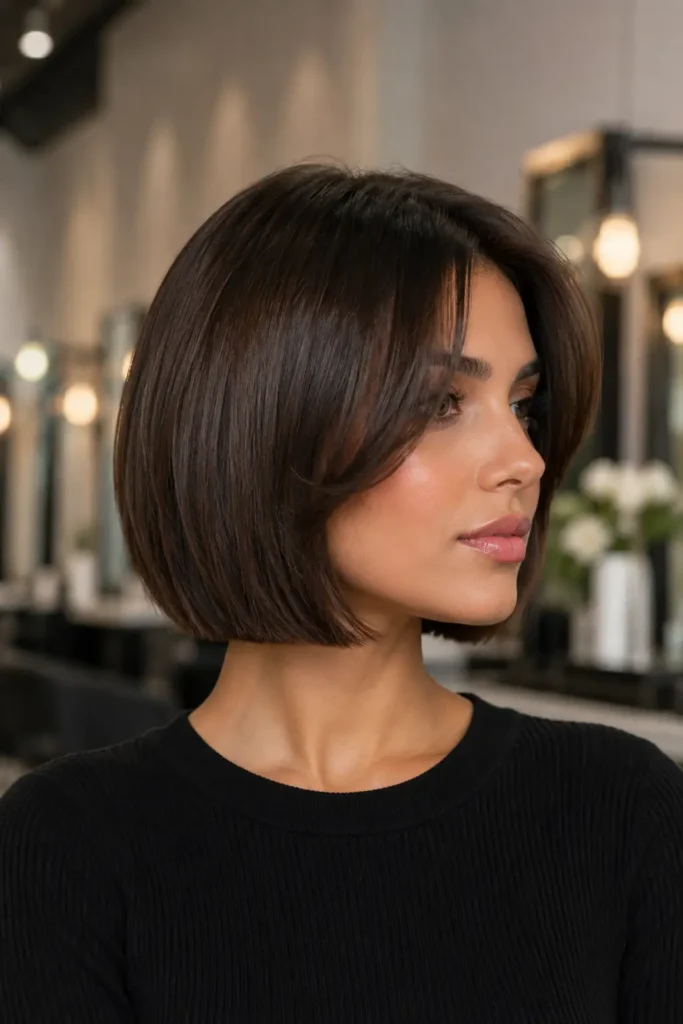 15. Sleek Center Part Chin Bob with Curtain Bangs