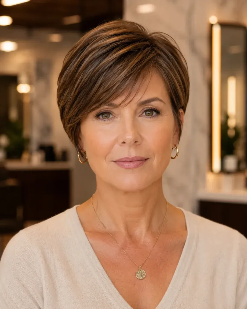 Short Haircuts for Women Over 50 16 15. Sleek Chestnut Pixie Bob