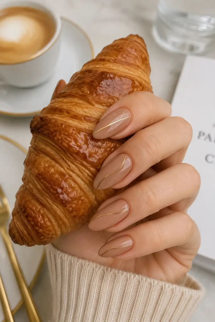 15. Toffee Nude Almond Nails with Single Line Art
