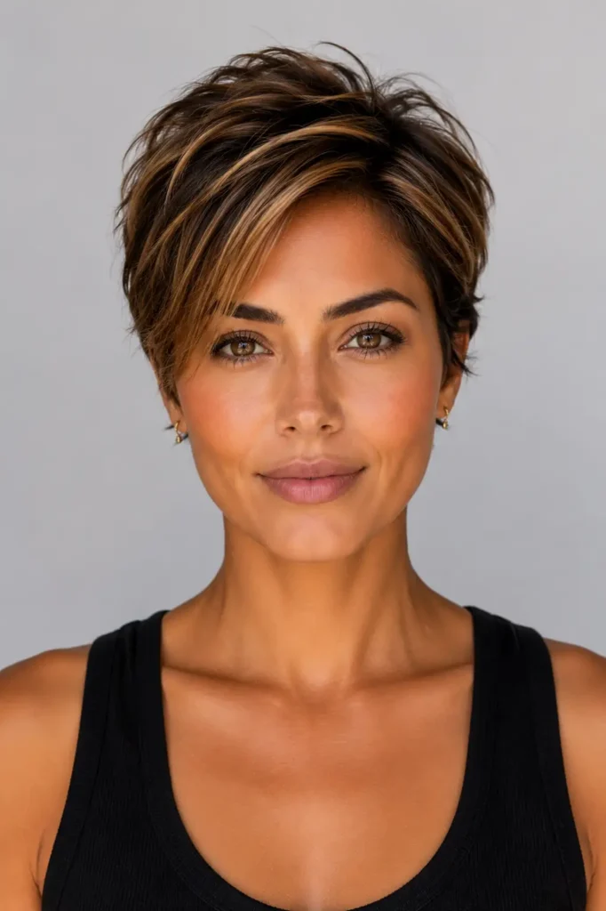 16. Honey Caramel Balayage on Pixie Cut