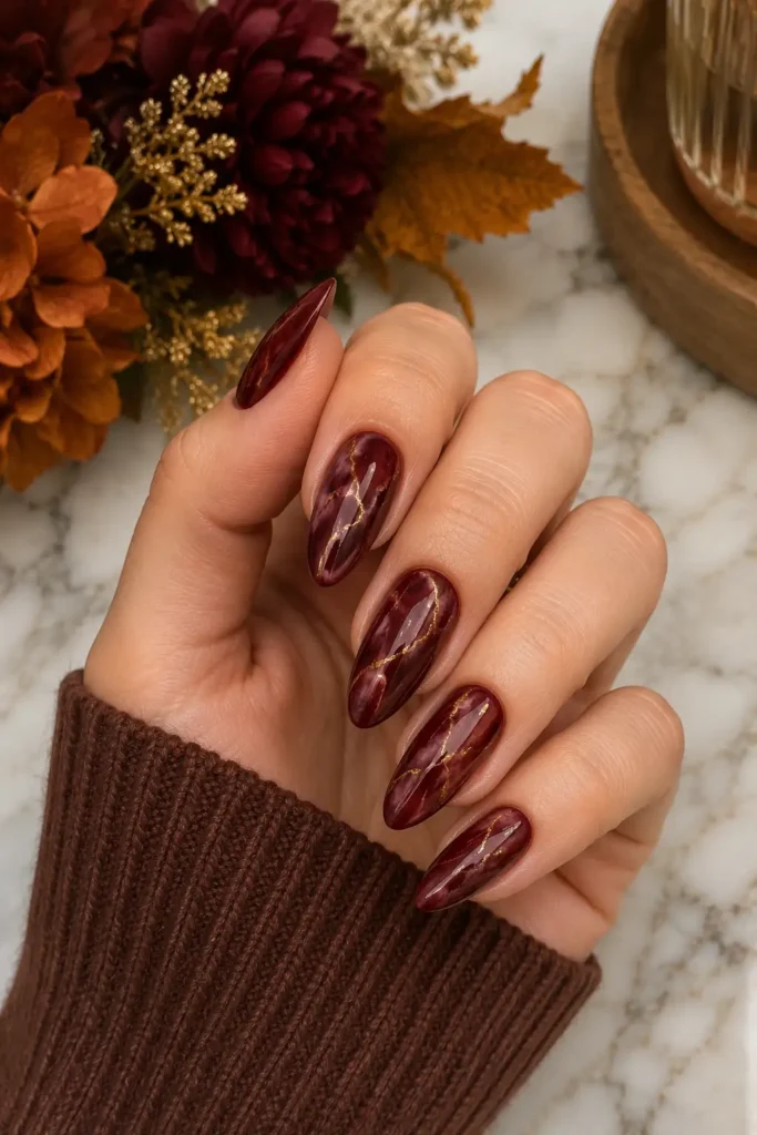 16. Wine Red Almond Nails with Marble Effect