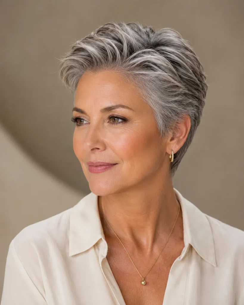 Short Haircuts for Women Over 50 18 17. Brushed Back Silver Pixie With Shine
