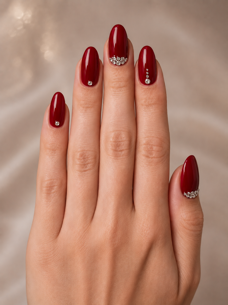 Red Cherry Nail Ideas 19 17. Cherry Nails with Rhinestone Accents