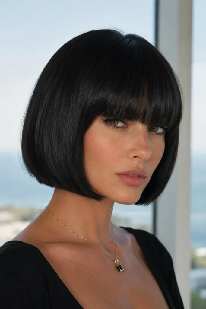 17. Glossy Black Bob with Heavy Fringe