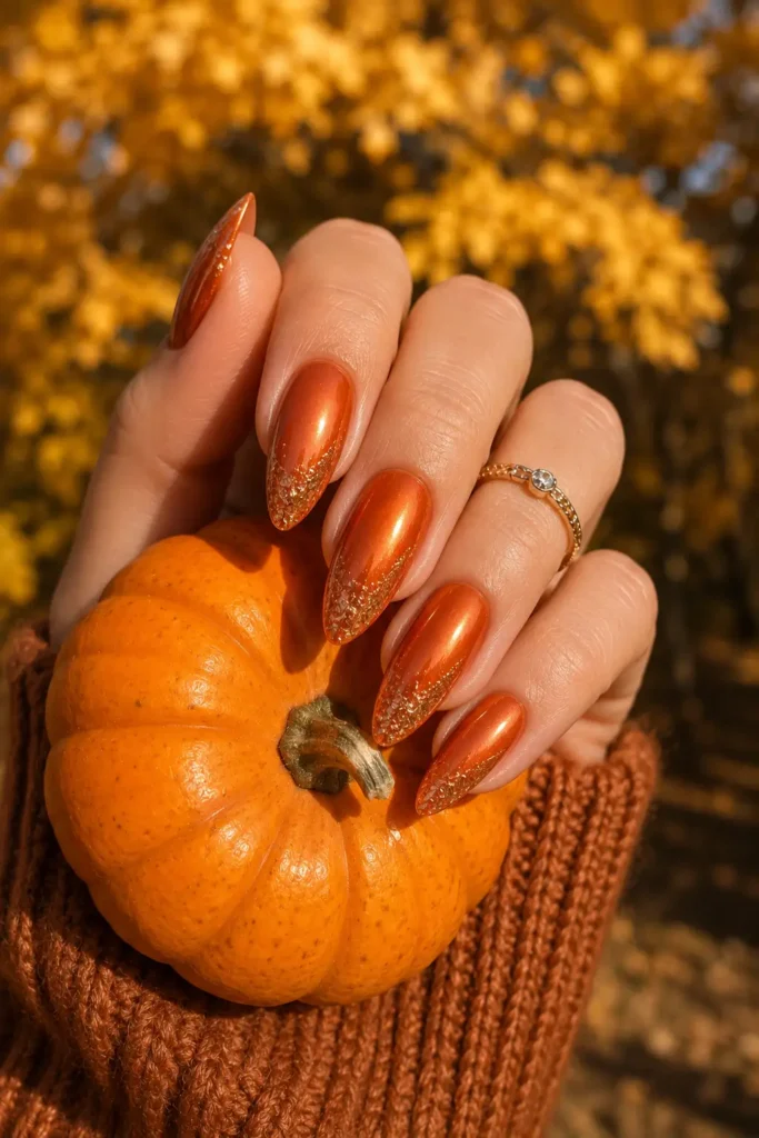 17. Pumpkin Spice Almond Nails with Glitter Tips