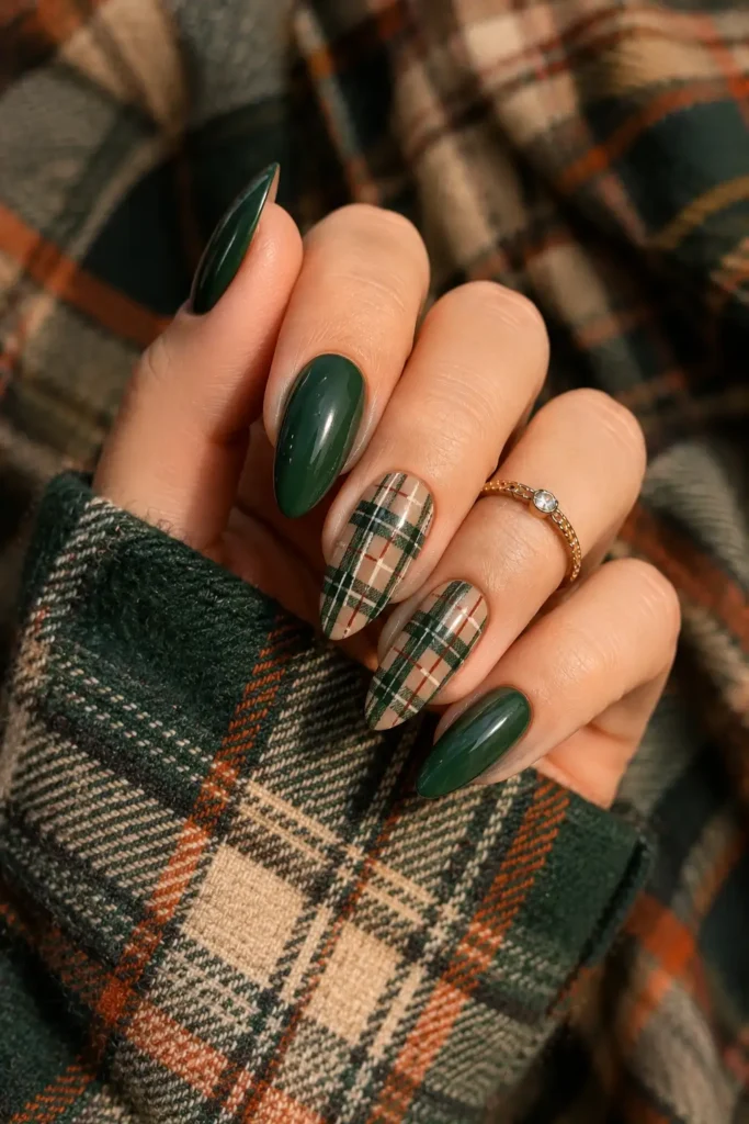 18. Forest Green Almond Nails with Plaid Pattern