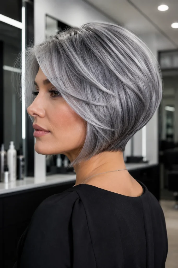 18. Silver Grey Stacked Bob for Fine Hair