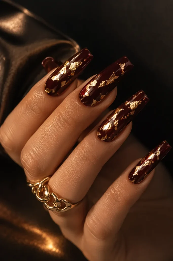 Burgundy Nails 20 19 — Long Coffin Burgundy with Gold Foil