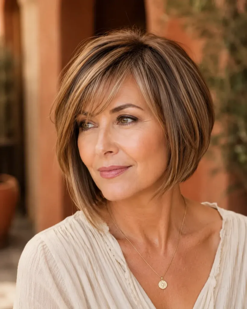 Short Haircuts for Women Over 50 20 19. Angled Bob With Bold Caramel Color