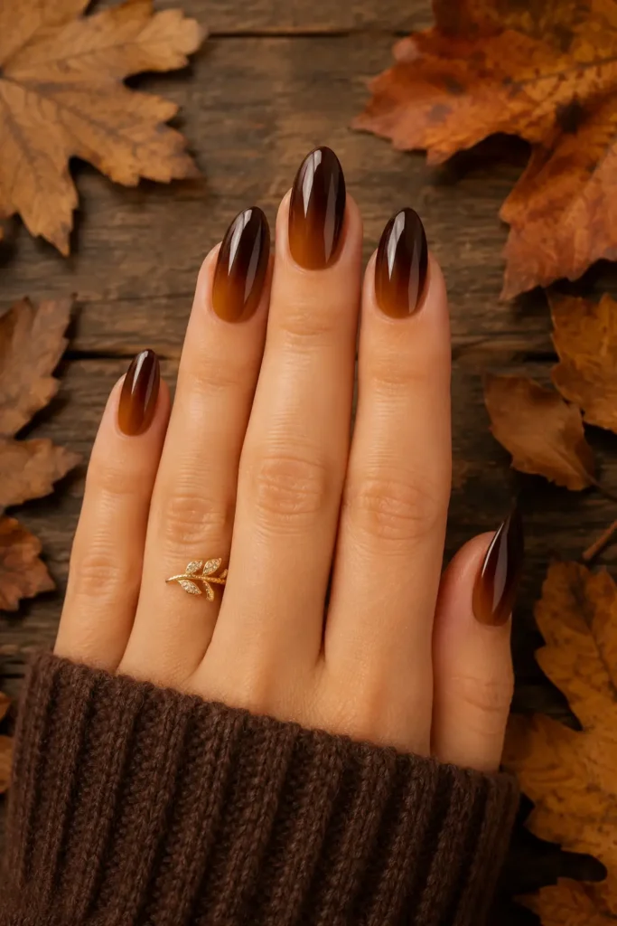 2. Chocolate Brown Ombre Almond Nails