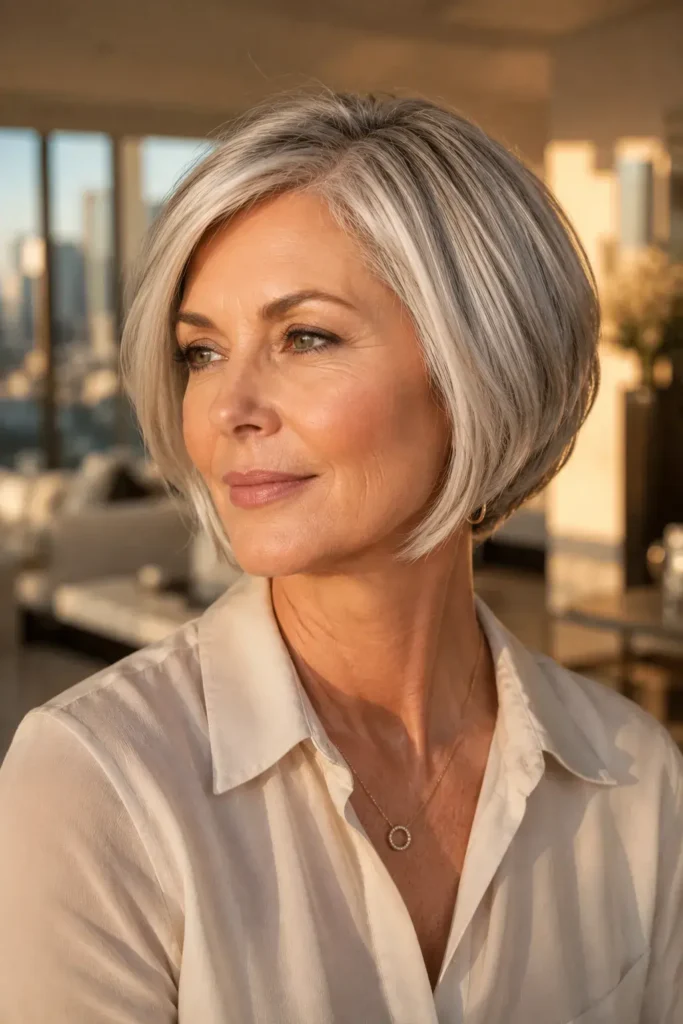 Short Haircuts for Women Over 50 3 2. Classic Silver Layered Bob