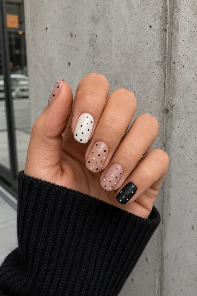 Polka Dot Nails 4 2.Mismatched Black and White Confetti Dots