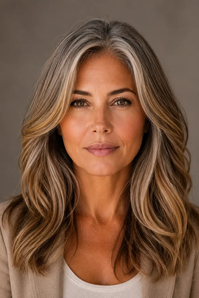 20. Honey Caramel Balayage for Mature Gray Blending Hair