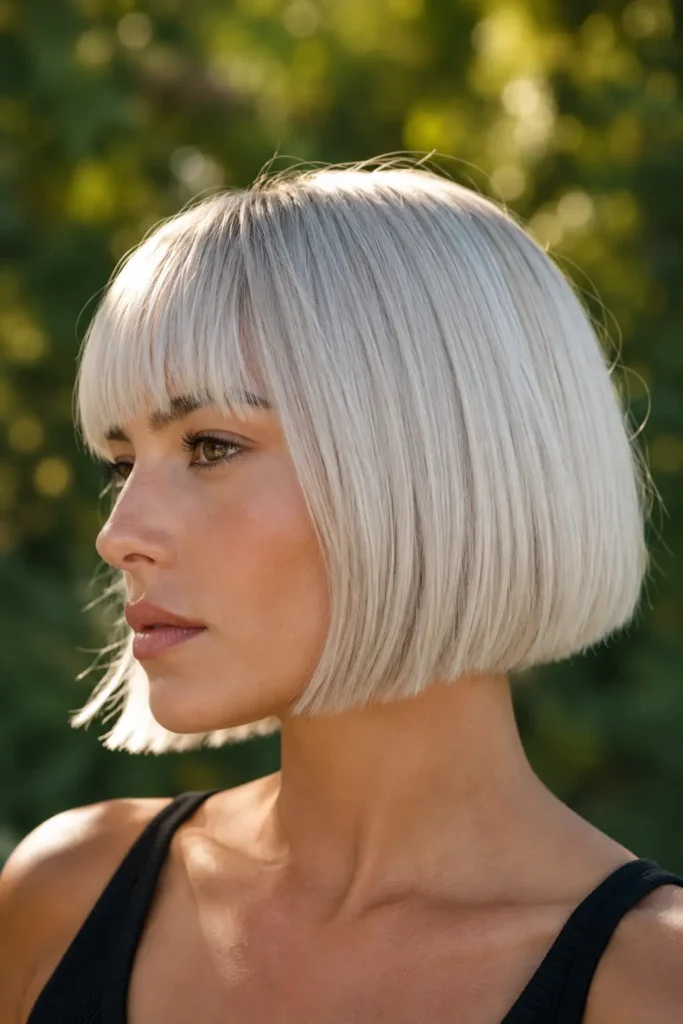 20. Platinum Blonde Bob with Blunt Fringe