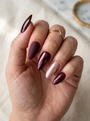 Burgundy Nails 22 21 — Mismatched Multi Finish Burgundy Manicure