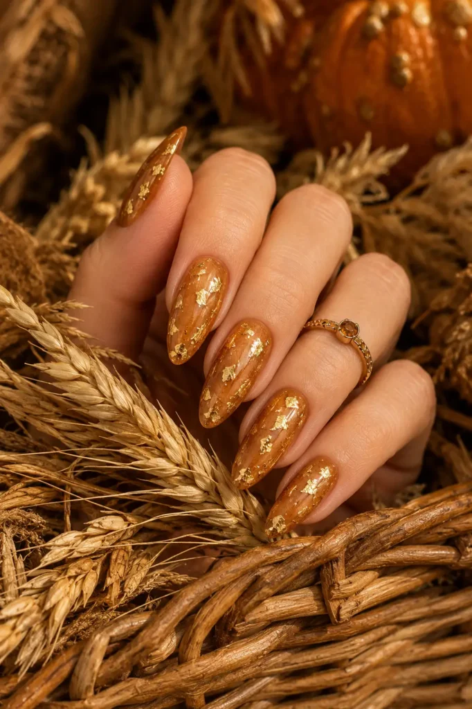 21. Golden Harvest Almond Nails with Foil Flakes