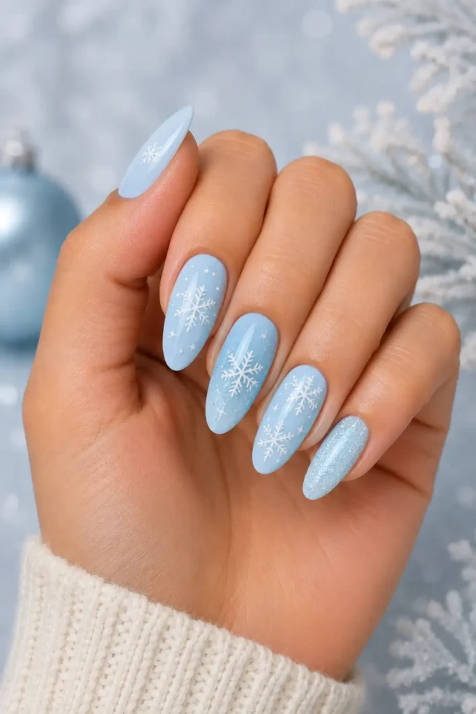 Light Blue Nail Ideas 23 21. Light Blue Winter Snowflake Nails
