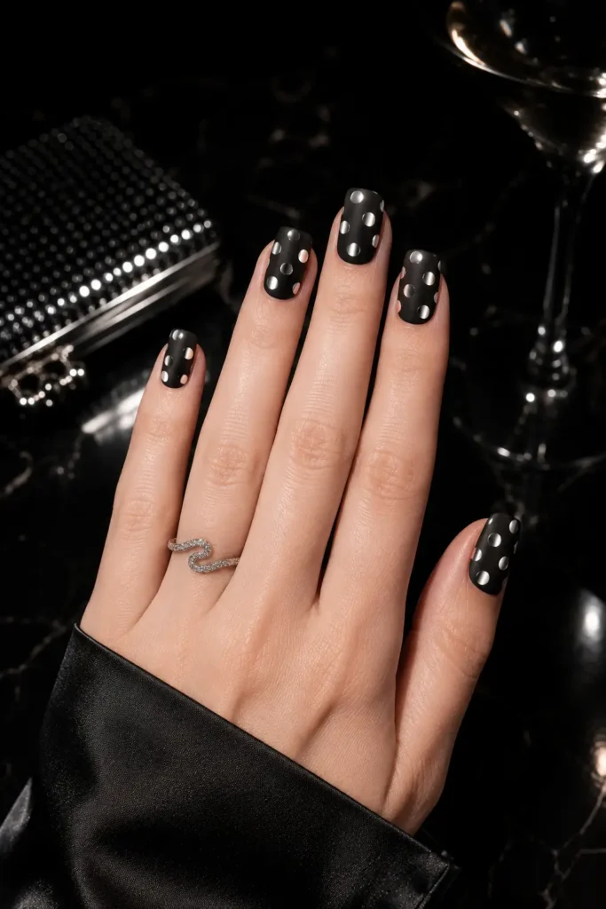 Polka Dot Nails 23 21.Silver Chrome Dots on Black Base