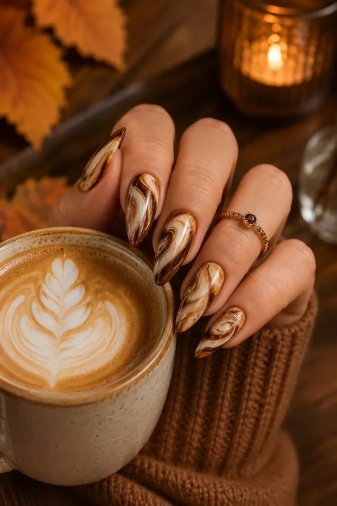 22. Espresso and Cream Swirl Almond Nails