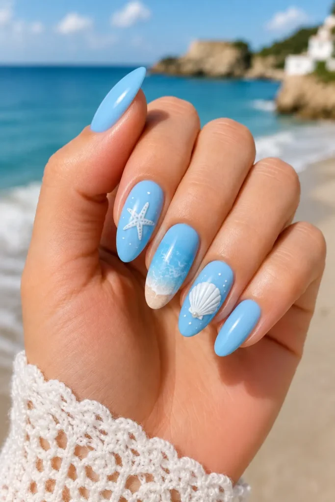 Light Blue Nail Ideas 24 22. Light Blue Summer Beach Nails