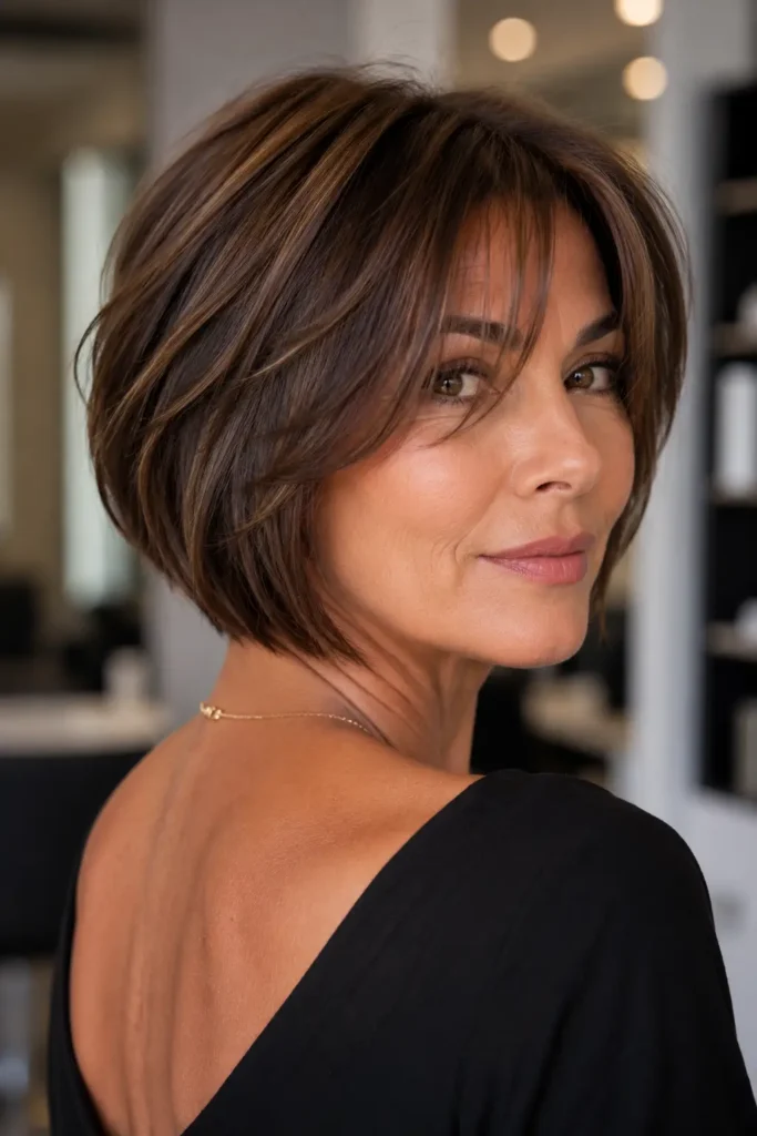 22. Modern Graduated Bob with Face Framing Bangs