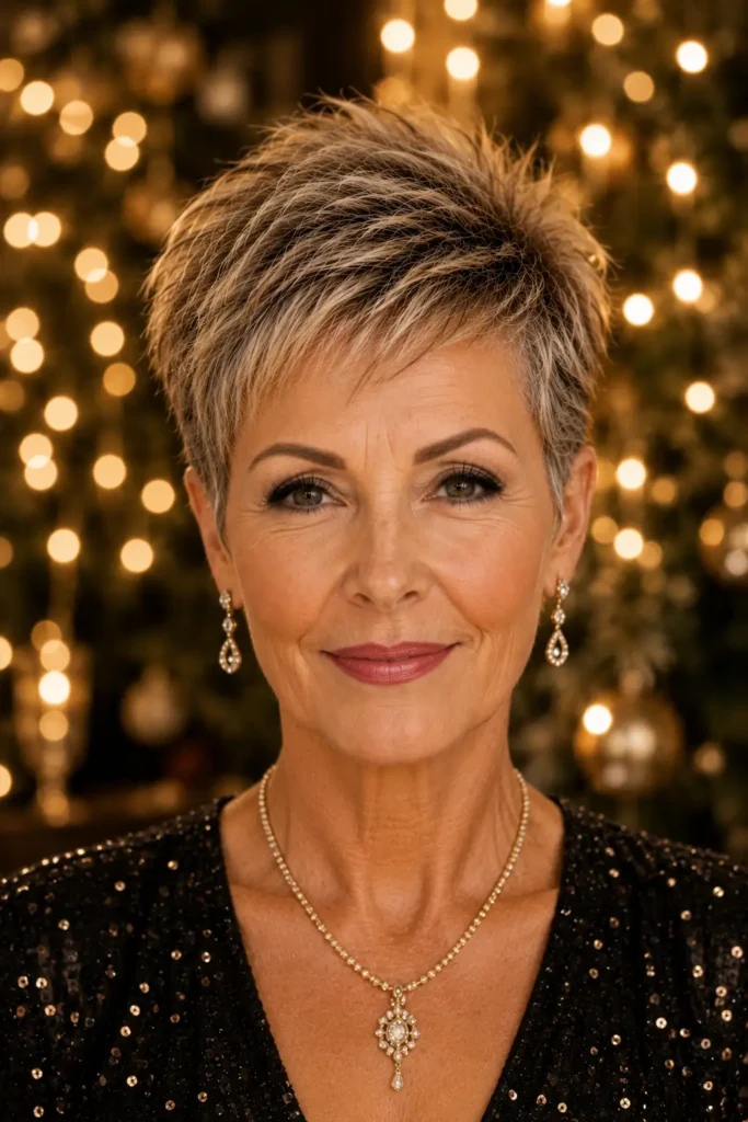 24. Holiday Glam Choppy Pixie With Slicked Sides