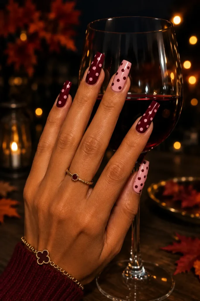 Polka Dot Nails 26 24.Burgundy and Pink Reversible Dots