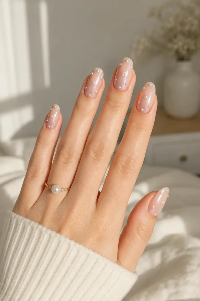 Polka Dot Nails 27 25.Glazed Donut Base with Pearl Dots