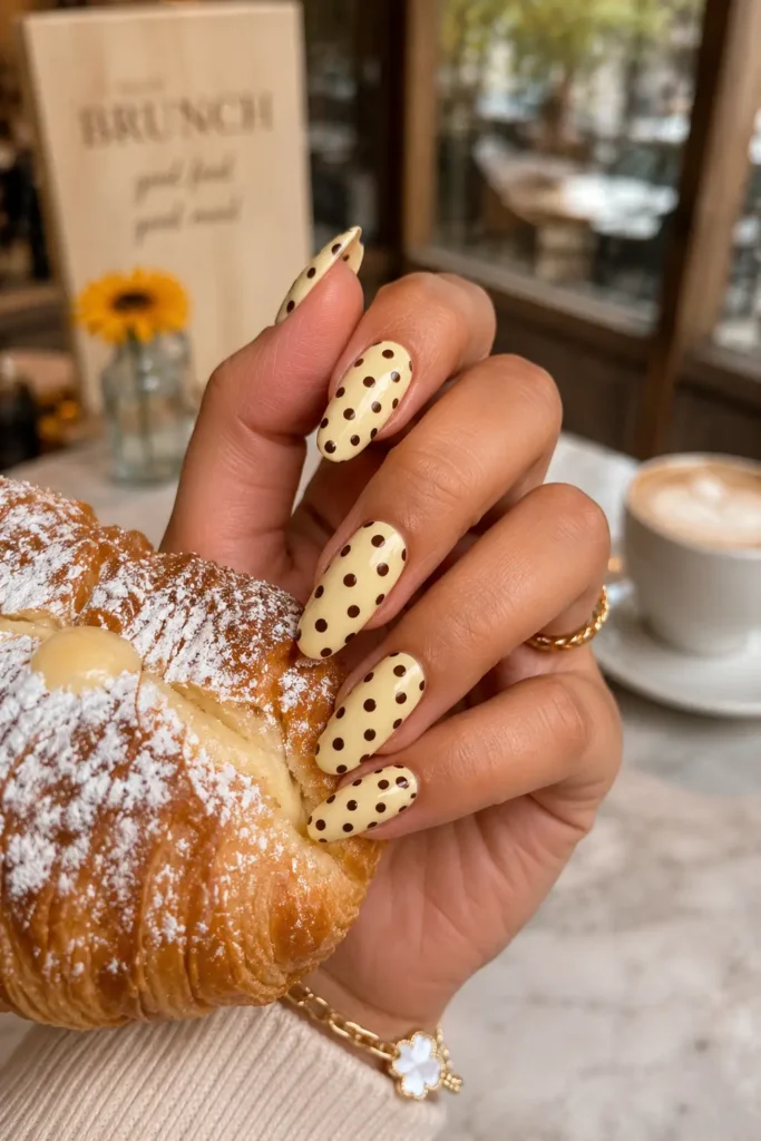 Polka Dot Nails 28 26.Butter Yellow Base with Brown Dots
