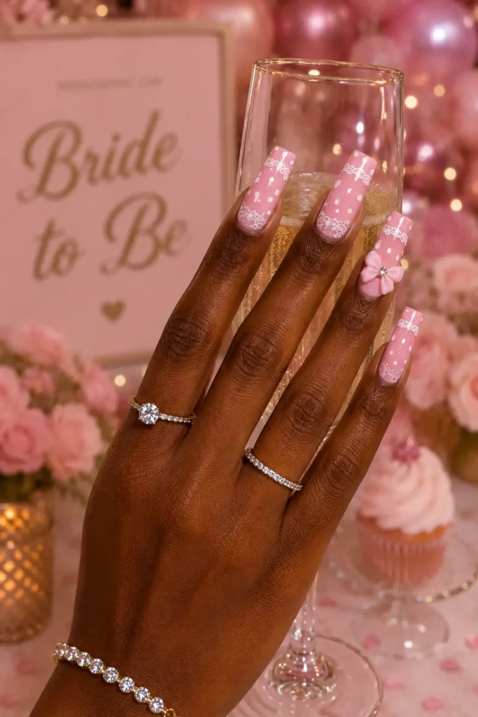 Polka Dot Nails 29 27.Lace Trim Dots with 3D Bow Accent