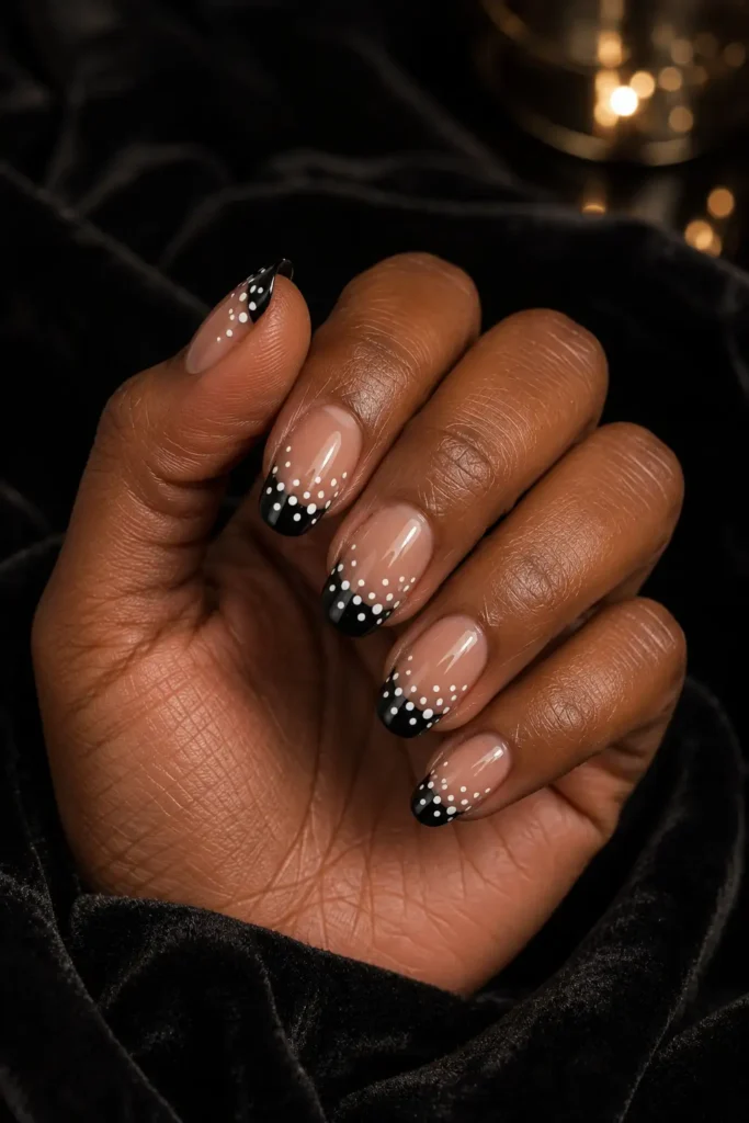 Polka Dot Nails 5 3.Black French Tip with White Polka Dots